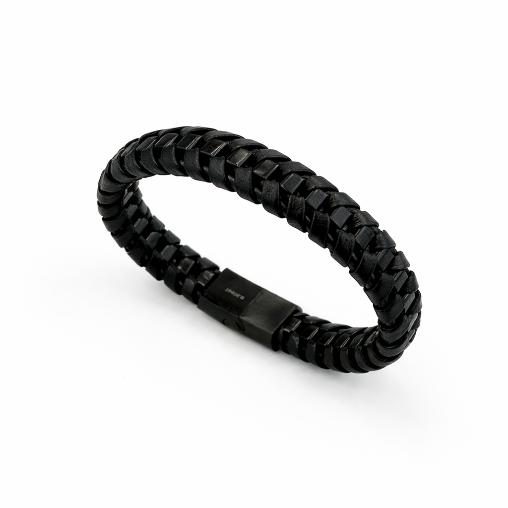 Ανδρικό μαύρο δερμάτινο βραχιόλι με πλέξη και ατσάλινο μαύρο κούμπωμα