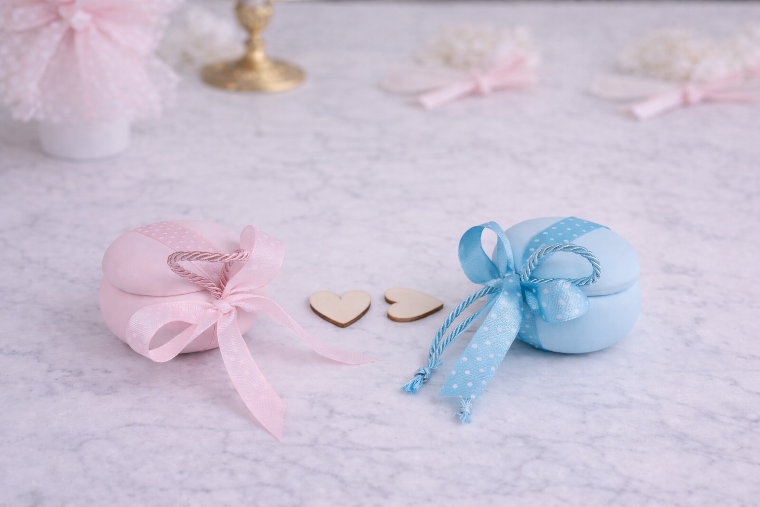 Μπομπονιέρα βάπτισης κεραμικό μακαρόν ροζ και μπλε με κορδέλα