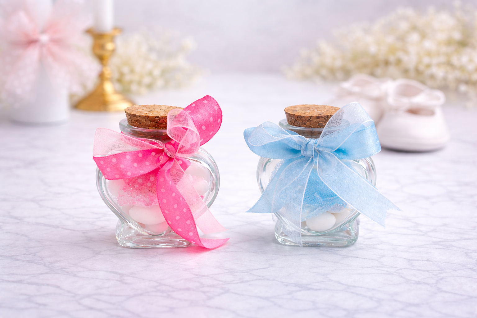 Μπομπονιέρα βάπτισης γυάλινο βαζάκι καρδιά με κορδέλα ροζ και γαλάζια