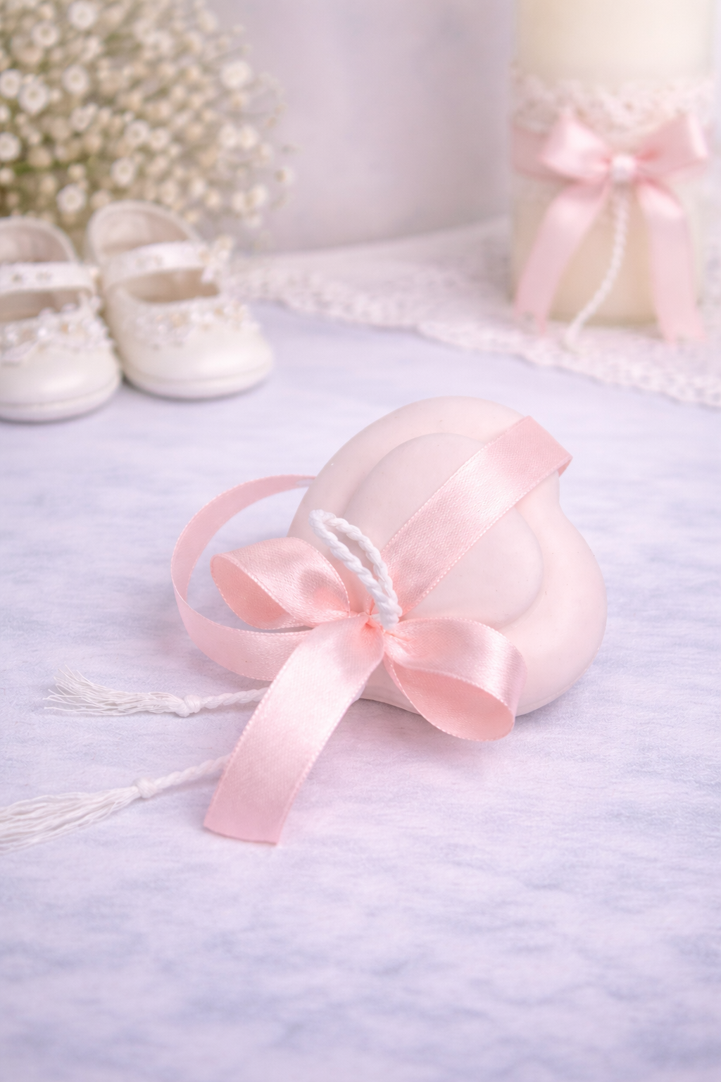 Μπομπονιέρα βάπτισης κεραμική καρδιά ροζ με σατέν φιόγκο