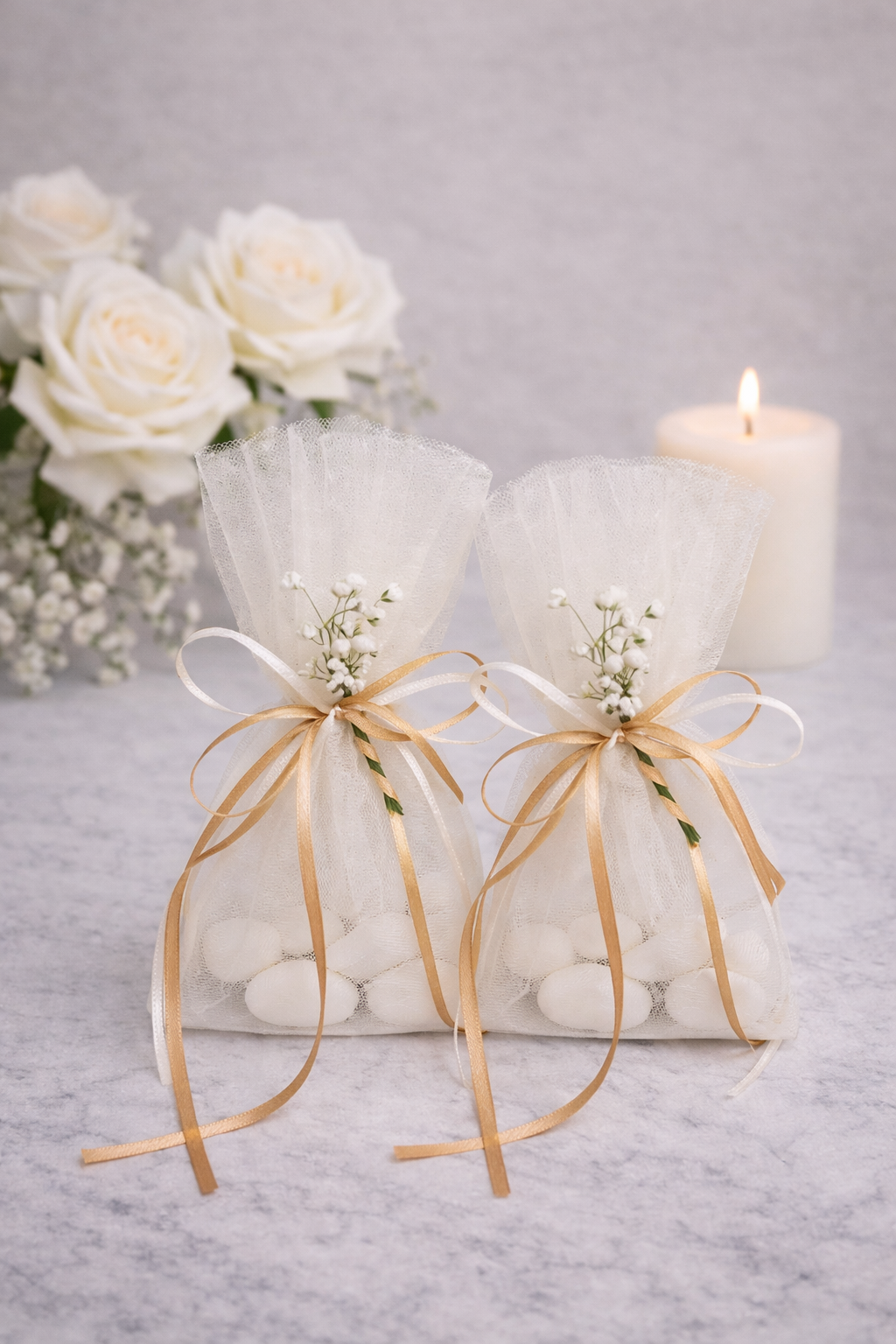 163AAC89-AF47-48E7-A4F1-70E67B2F17D5 Μπομπονιέρα γάμου από τούλι με χρυσή κορδέλα και γυψοφίλη