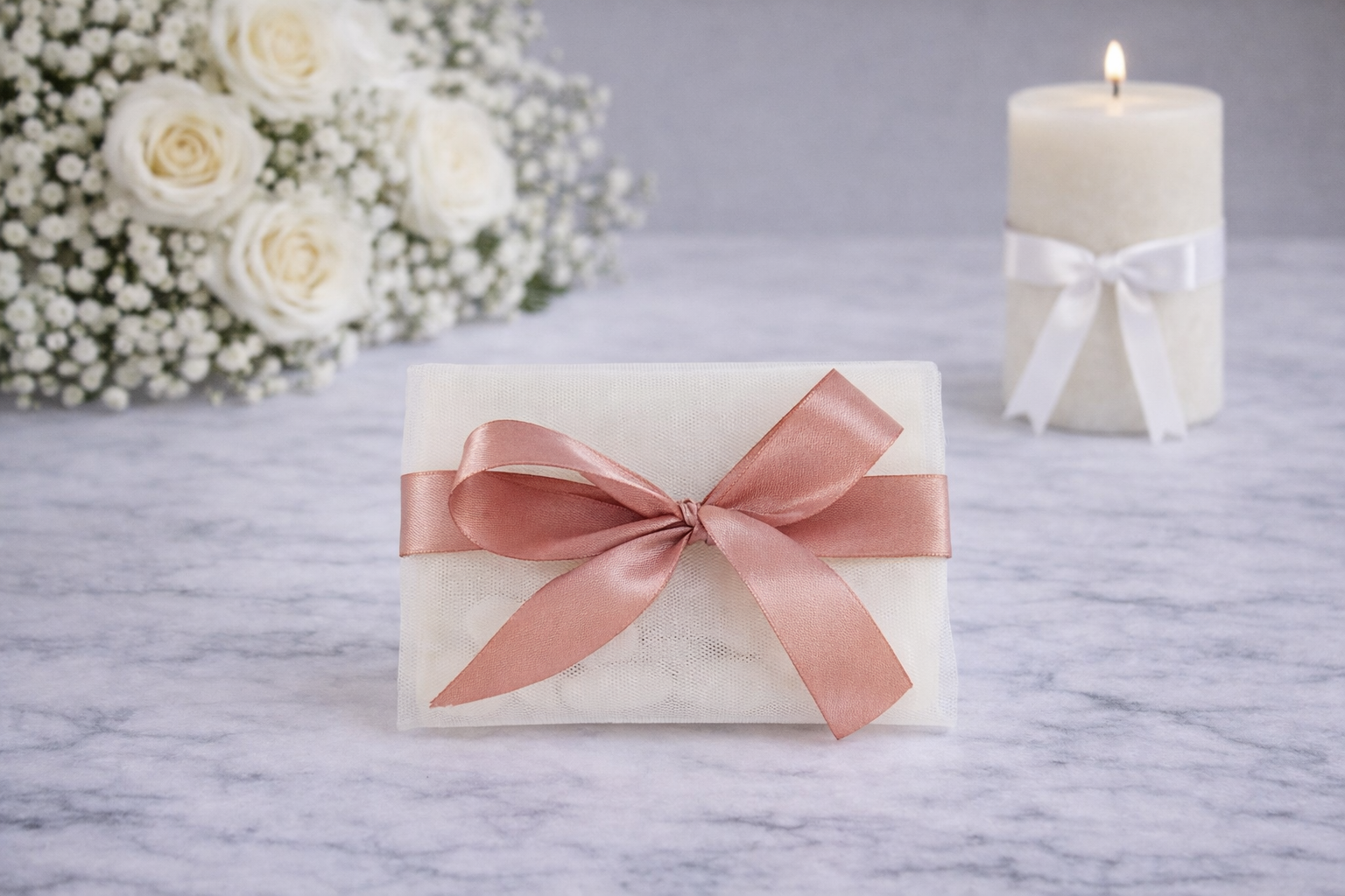 Μπομπονιέρα γάμου φάκελος με ροζ σατέν φιόγκο