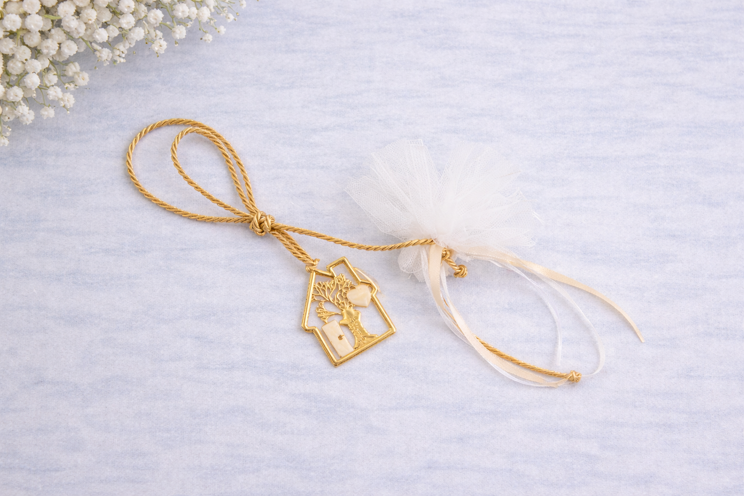 μπομπονιέρα γάμου μεταλλικό σπιτάκι με δέντρο ζωής και τούλι