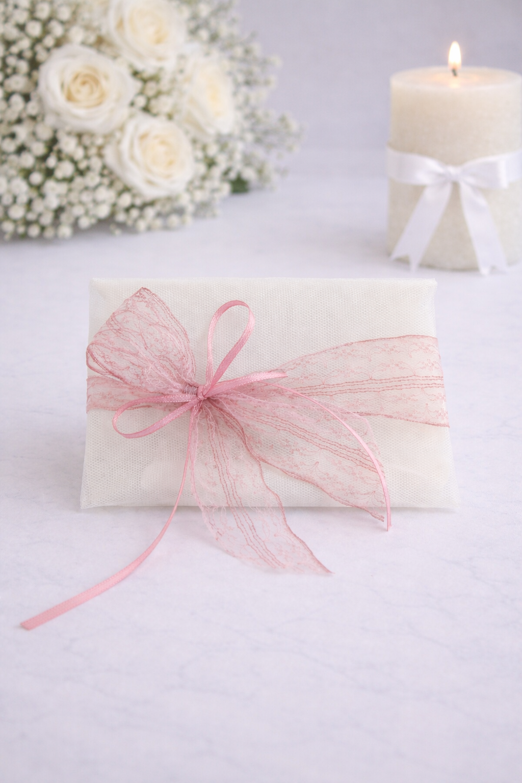 4361D375-B1EA-4FBC-8F17-2C731189C54F Μπομπονιέρα γάμου φάκελος με ροζ δαντελένια κορδέλα και τούλι