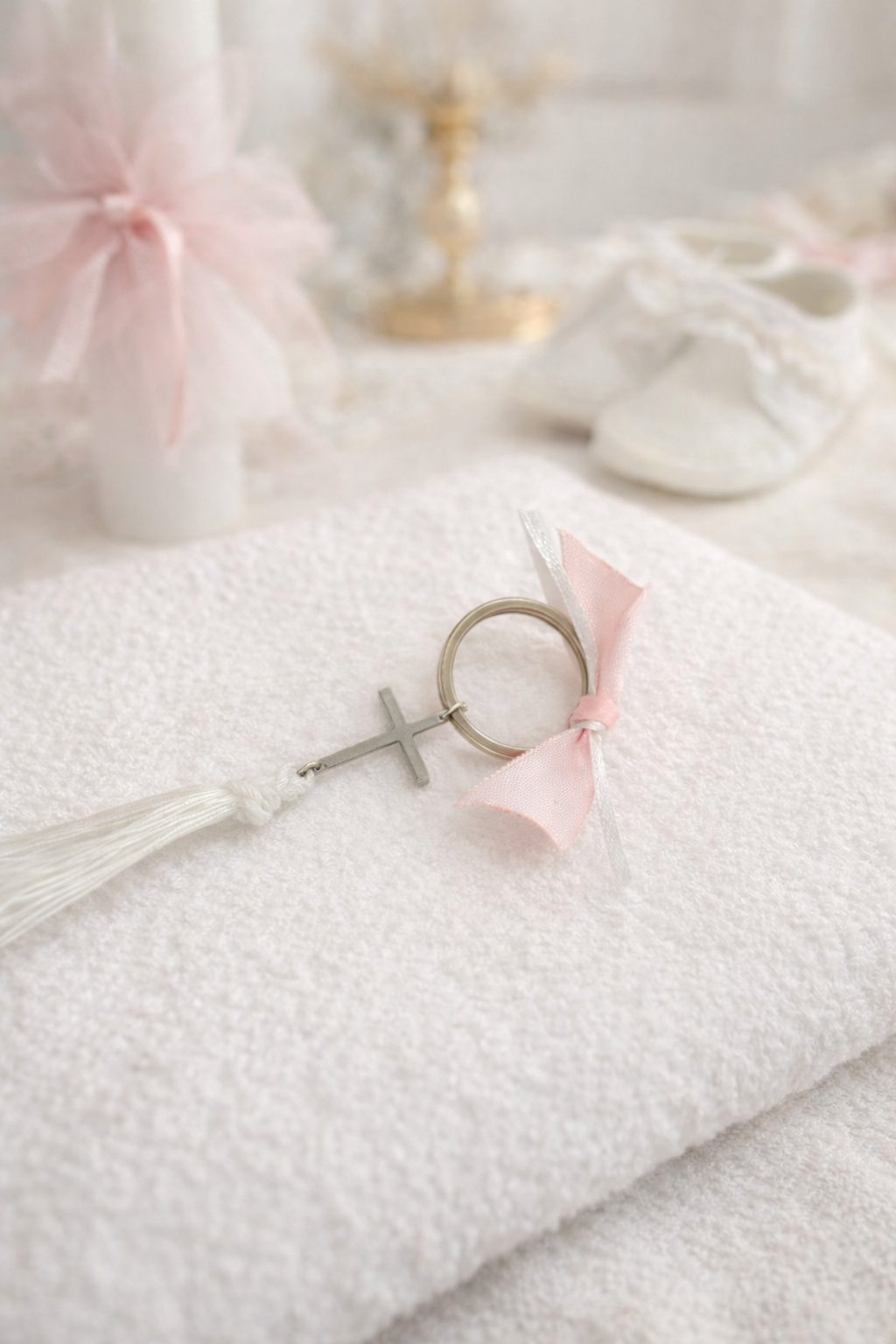8DBEB411-D50C-4468-BEA5-7D1FFD6D6F06 Μαρτυρικό βάπτισης μπρελόκ με ασημί σταυρό ροζ φιόγκο και λευκή φούντα