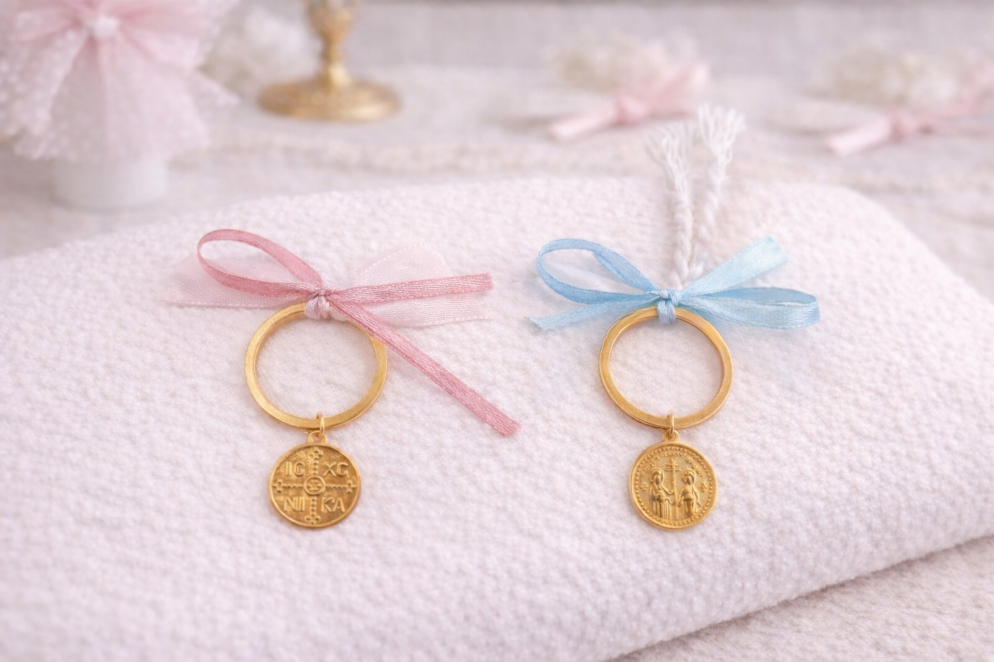 Μαρτυρικά μπρελόκ με κωνσταντινάτο διπλής όψης και ροζ ή γαλάζιο φιόγκο