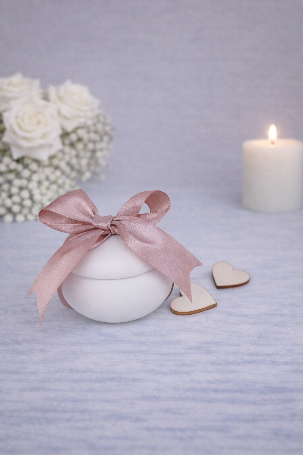 D23562AE-2247-4D23-B7B4-FFF923FCD019 μπομπονιέρα γάμου κεραμικό κουτάκι με ροζ σατέν κορδέλα