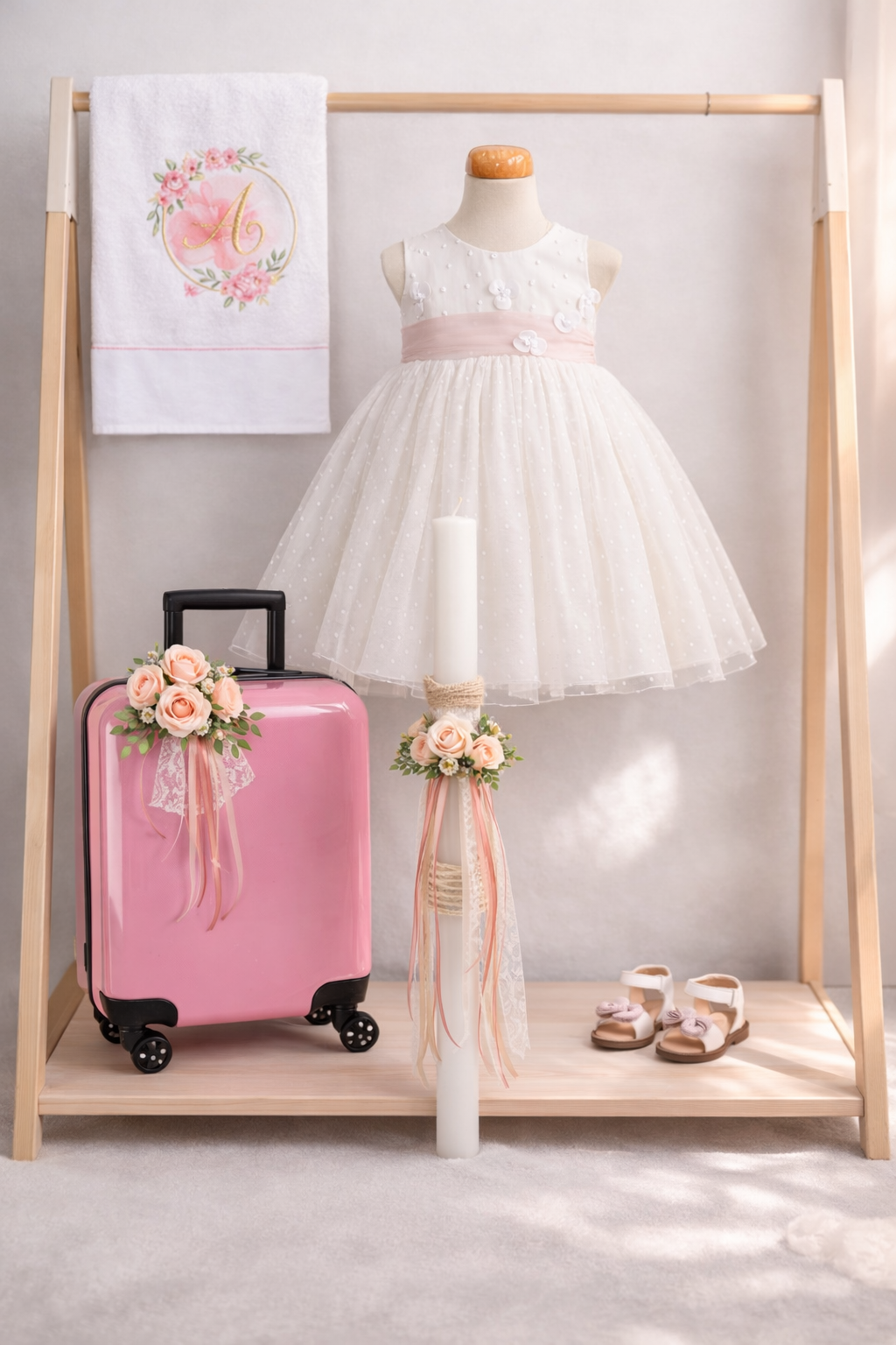 Ρομαντικό πακέτο βάπτισης κορίτσι με φόρεμα, λαμπάδα και ροζ βαλίτσα
